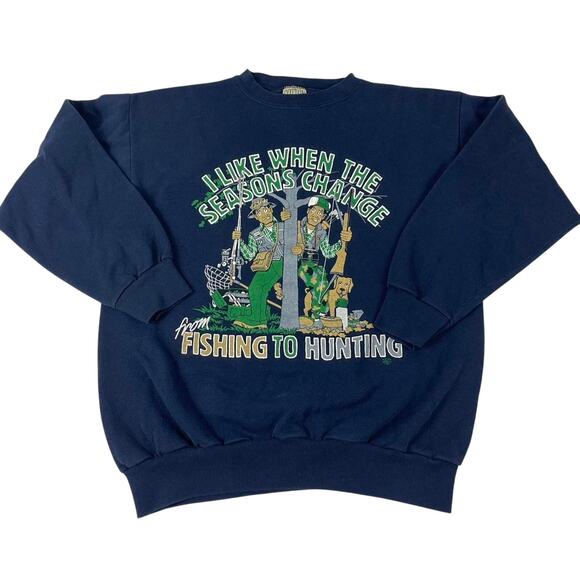 Vintage Fishing to Hunting Mens Funny Comedy Gag Gift Navy Crewneck Size Large - Picture 1 of 8